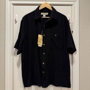 Vtg Island Republic Silk Short Sleeve Button Shirt Black L Textured Old Money